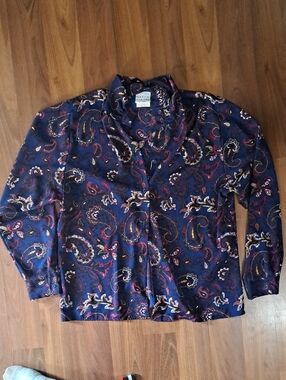 Navy Paisley Button-Up Blouse